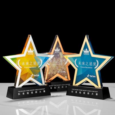 China Colorful Jewelry Bead Metal Five-pointed Star Crystal Trophy Authorized Mark Customized Outstanding Corporate Annual Meeting Award Medal Trophy for sale