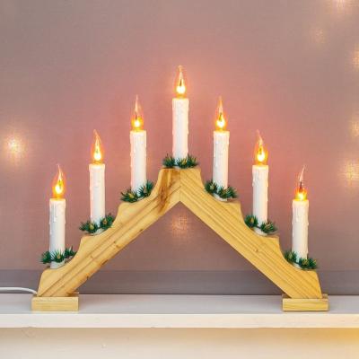 China New Design 7 LED Bridge Christmas Window Candle Wooden Bridge Lights with Flame for Christmas Decoration for sale