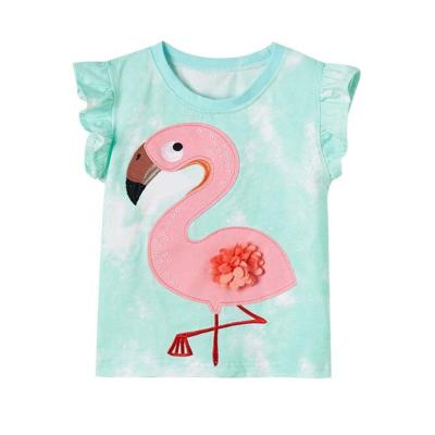 China Anti-Shrink Toddler Girl Clothes Cotton Knitted Sleeveless 3D Flower Flamingo Patchwork Baby Kids Animal T-Shirt for sale