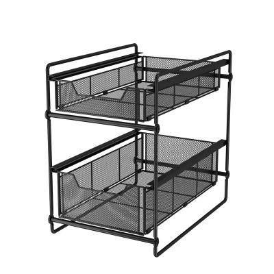 China Multifunctional Stackable Kitchen Viable Housewares Storage Rack Basket Under Sink Expandable Organizer 2 Tier Shelf Rack With Sliding Te koop