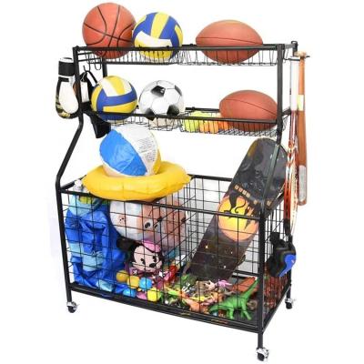 중국 2021 Viable Indoor Football Storage Rack Sporting Goods Organizer Ball Storage Cart With Baskets And Hooks With Wheel 판매용