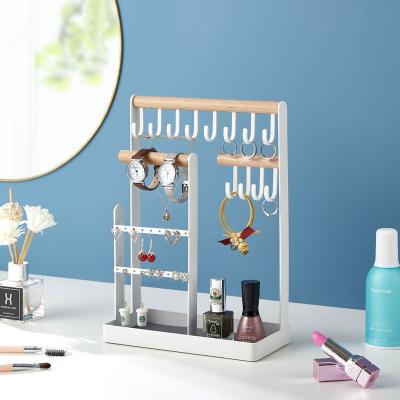 중국 Vertical Metal Stand Living Room Bedroom Necklace Earrings Organizers Viable Storage Boxes Pendant Wooden Jewelry Display Organizer 판매용