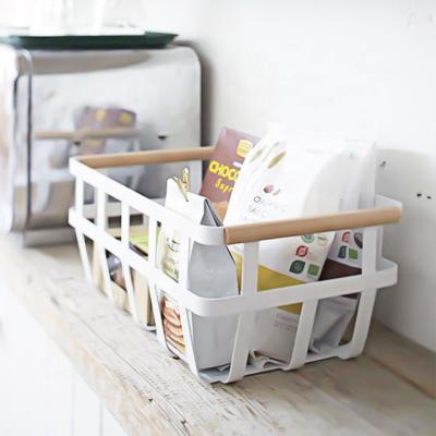 China Living Home Decorative Kitchen Bathroom Food Organizer Rectangular White Metal Wire Storage Basket With Wooden Handles for sale