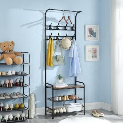 China 2021 viable Wholesale Hall Tree Clothes Coat Rack Shoe Rack Entryway Furniture Metal Shelf with Bench Industry Door Storage Wooden Iron for sale