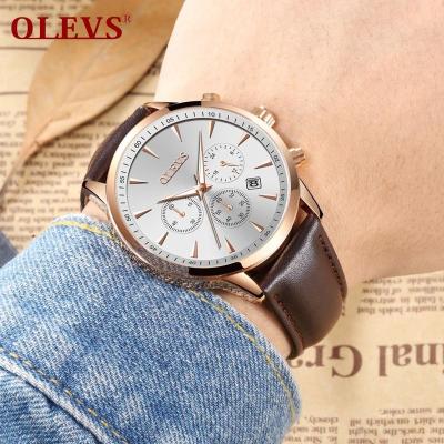 China Newest Men's 3Eyes Multifunctional Luxury Alarm Leather Business Simple Quartz Dress Simple Matching Watches for sale