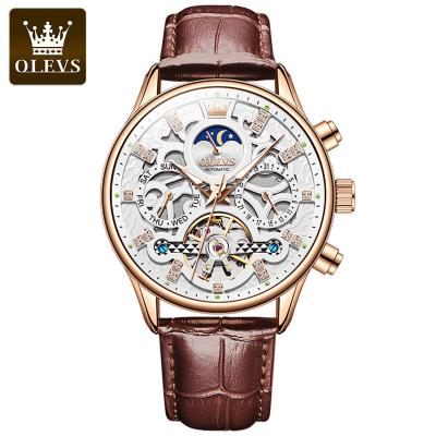 China Olevs 6658 Brand Design Colorful Waterproof Custom Genuine Leather Tourbillon Watches Men Luxury Skeleton Wrist Mechanical Watch for sale