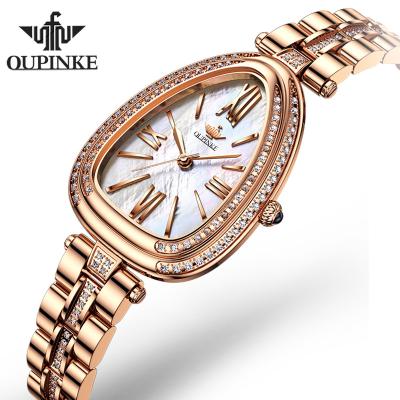 China OUPINKE 3192 Day/Date Oval Ladies Creative Water Shaped Dial Drop Shaped Luxury Diamond Watch Waterproof Quartz Women's Watches for sale