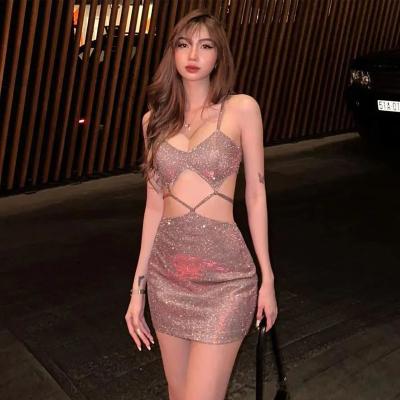 China Breathable Summer Hollow Spaghetti Strap Hollow Sexy Women Dress Party Nightclub Mini Dresses Wear for sale