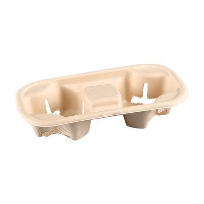 China 2 Compartments Biodegradable Disposable Sugarcane Coffee Paper Cup Holder Paper Cup Tray for sale