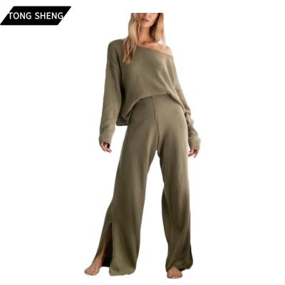 China Autumn Lady Luxury Pure Cashmere Anti-Wrinkle Lounge Love One Sweater and One Shoulder Knitted Pants Set for sale