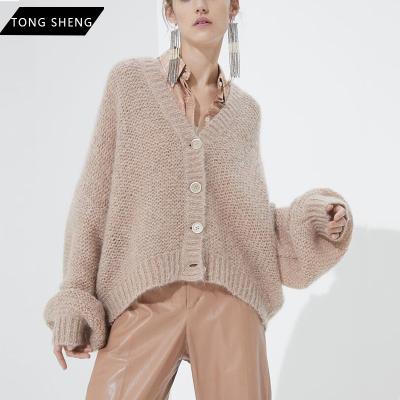 China custom Anti-wrinkle embroidery knitted casual v-neck mohair cardigan oversized sweater for women for sale