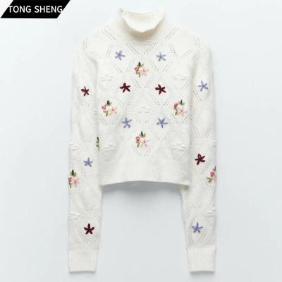 China Tong Sheng Knit Sweater Wool Cashmere Anti-wrinkle Crop Sweater Floral Embroidery Jacquard Women's Sweaters for sale