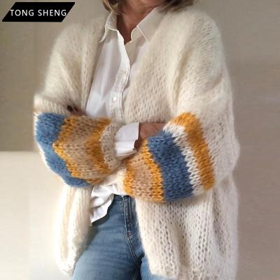 China Custom Anti-wrinkle graphic embroidery knitted casual striped oversized women mohair cardigan sweater fall 2021 for sale