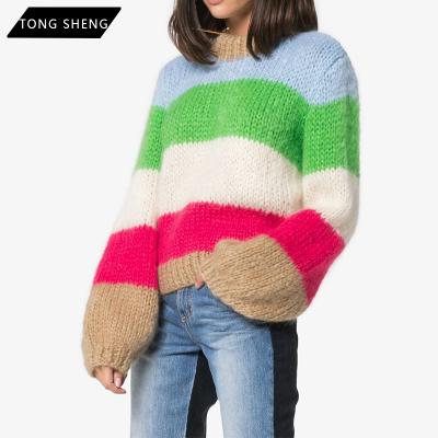 China Custom Anti-Wrinkle Embroidery Printed Julliard Multicolor Stripe Knit Mohair Wool Blended Jumper Sweater for sale