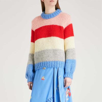 China custom blend Anti-Wrinkle Knitted Pull Over Striped Logo Crewneck Mohair Wool Jumper Sweater For Women for sale