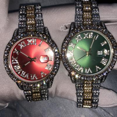 China Mens Womens Bling Day/Date LWW90101 LEWELL Hip Hop Red Green Face Watch Iced Out Rapper Watches Male Female Fashion Jewelry for sale