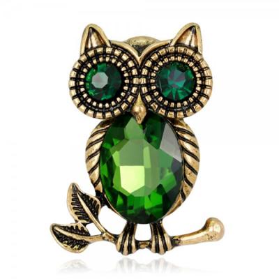 China LWB30205 ALLOY Vintage Charm Antique Gold Owl Bird On Branch Rhinestone Brooches Mens Green Suit Pins Jewelry for sale