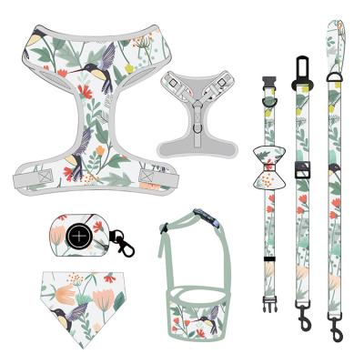 China Viable Custom Model 5 Mesh Reversible Collar Leash Bandana Luxury Printed Dog Harness Set for sale