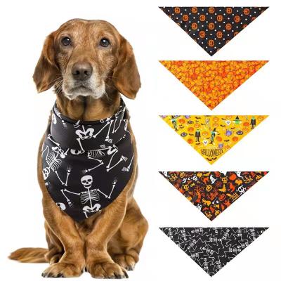 China Custom Stocked Halloween Printed Reversible Soft Polyester Autumn Pet Scarf Puppy Perros Triangle Dog Bandana for sale