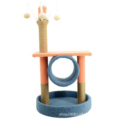 China Colorful Sisal Double-Layer Three-Bar Tunnel Cat Climbing Frame Cat Climbing Stocked Best-Selling Tree for sale