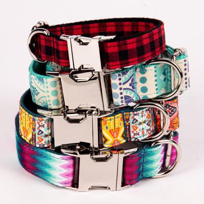 China Custom Wholesale Red Square Printing Pet Collar Polyester Dog Collar With Metal Buckle for sale