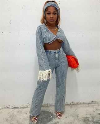 China Y5045womens Clothing 2021Crop Luxury Tassel QUICK DRY Jean Set Two Piece Pants Tops Set With Headband for sale