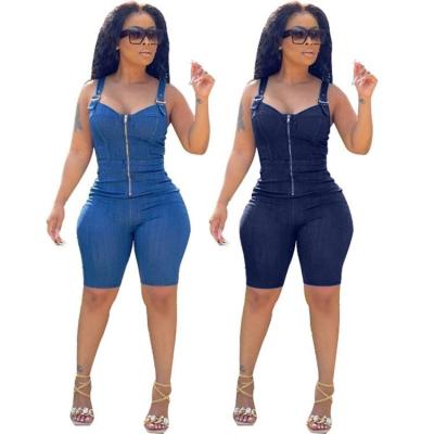 China Summer popular casual one-piece women's anti-pilling denim ladies rompers zipper suspender short overalls for sale