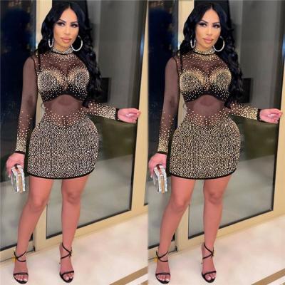 China W8969 Breathable Nightclub Wear Long Sleeve Sexy Rhinestone See Through Mesh Cocktail Dress Vintage Party Ladies for sale