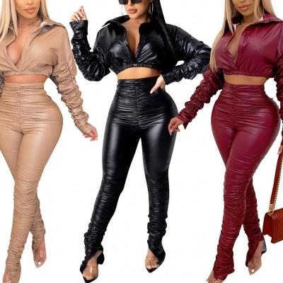 China Winter Fall Luxury QUICK DRY Designer PU Leather Joggers Clothing Sheath Long 2 Pants Two Piece Sets For Women for sale