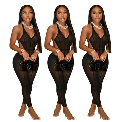 China Newest Design Solid Color Summer Viable Sexy Backless Rompers Sleeveless Halter Hollow Out Mesh Bodycon Jumpsuit For Women for sale