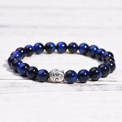 China 2020 New Design 8mm Trendy Charm Fashion Natural Blue Tiger Eye Stone Beads Buddha Head Bracelet for sale