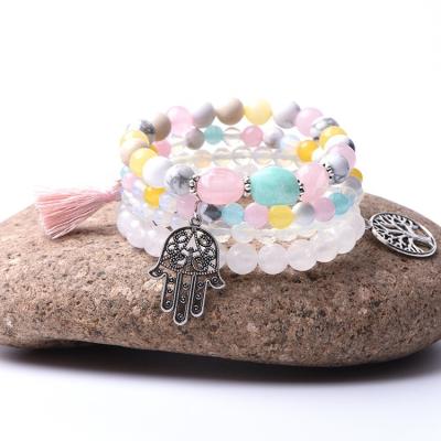 China BOHEMIA 4 Pcs Set Simple Bohemian Beaded Tree of Life Hamsa Pendant Charm Bracelet Women Natural Stone Beaded Tassel Stretch for sale