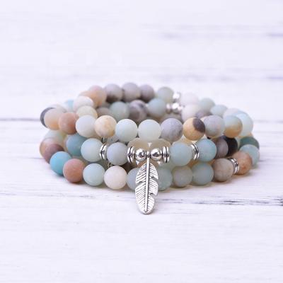 China FASHIONABLE Women's Matte Frosted Amazonite Bead Necklace With Lotus Leaf OM Buddha Charm Yoga Bracelet 108 Mala Bracelet Jewelry for sale