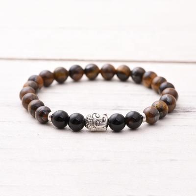 China Wholesale BOHEMIA Black Onyx Tiger Eye Beads Stretch Elastic Bracelets Buddha Head Charm Bracelet Jewelry for sale