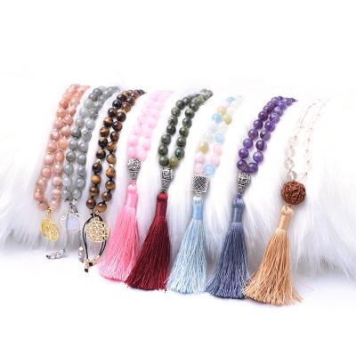 China BOHEMIA Gemstone 108 Japa Natural Mala Beads Spiritual Long Necklace Prayer Beads for sale