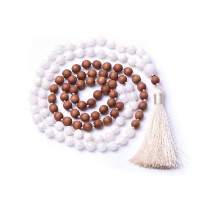 China FASHIONABLE Wood Moonstone Sandal 108 Mala Beads Costume Jewelry Wooden Men Women Beaded Necklace Tassel Necklace 8mm for sale