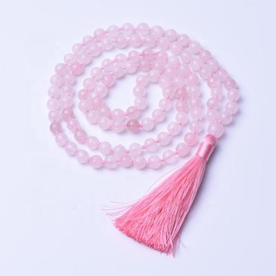 China TRENDY Yoga Mala Beads 108 Tassel Necklaces 8mm Rose Quartz Knotted Necklace Handmade Yoga Jeweley for sale