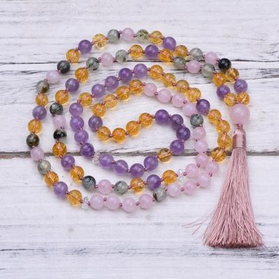 China BOHEMIA 8mm Rose Quartz Amethyst Citrine 108 Mala Hand Knotted Buddhist Necklace Bead with Silk Tassel for sale