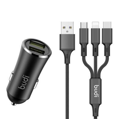 China Car Charger Budi Metal 5V2.4A/12W 3 IN 1 Cable Fast Charging Car Charger Adapter for sale