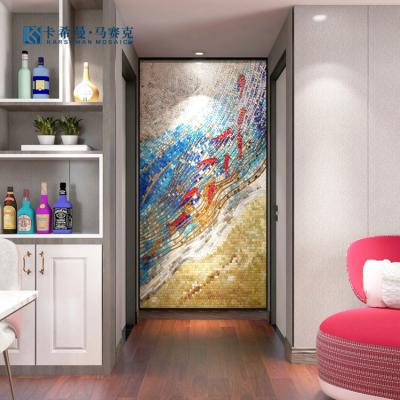 China Modern Factory Custom Figure Flower Pattern Gold Iridescent Ice Jade Glass Cutting Mosaic Mural For Wall Decoration for sale