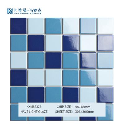 China Parquet Manufacturer Hot Selling 306*306mm Glossy Mosaic Light Blue Mix Color Glazed Swimming Pool for sale