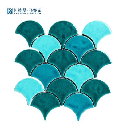 China Parquet Foshan Factory Wholesale Price Crackle Glazed Glossy Fan Shape Tile Shower Room Fish Scale Mosaic Tile for sale