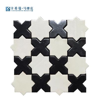 China Modern Modern Style Hotel Restaurant Bar Wall Backsplash Home Decor Glazed Ceramic Green Cross Star Shaped Fancy Mosaic Tiles for sale