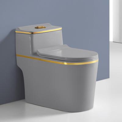 China Siphonic Luxury P-Trap Ware Double-Flow Gray Color Gold Line Sanitary Bathroom Ceramic Floor Standing Toilet for sale