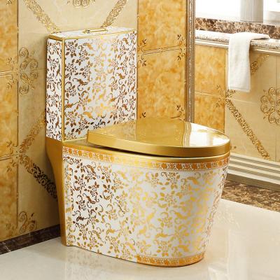 China Double-Flow Luxury Gold Color Floor Mounted Sanitary Ware Round Shaped Ceramic Siphonic Bathroom Toilet for sale