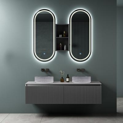 China Contemporary Luxury Fluted Floating Rectangle Double Sink Vanity Bathroom Cabinet With Oval Mirror for sale