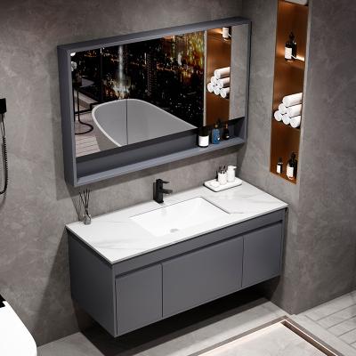 China Contemporary Gray Color Plywood Slate Countertop Smart Mirror Cabinet Wall Mounted Bathroom Vanity for sale