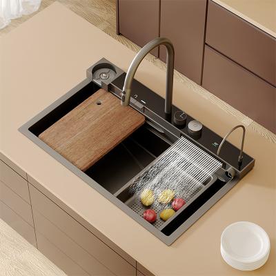 China With Waterfall Single Faucet Stainless Steel Faucet Piano Knob 304 Handmade Digital Kitchen Sink for sale