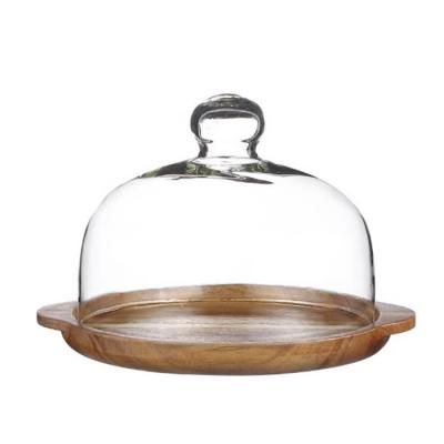 China Europe Wonderful Glass Cover Cake Display Server Tray- Clear Glass Cake Stand Dome with Wood Tray for sale