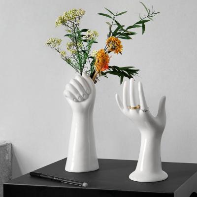 China Newest Fashion Glossy Outdoor Design Creative White Hand Shape Art Home Table Decor Personalized Shelf Decorative Vase Vases For Flowers Modern for sale